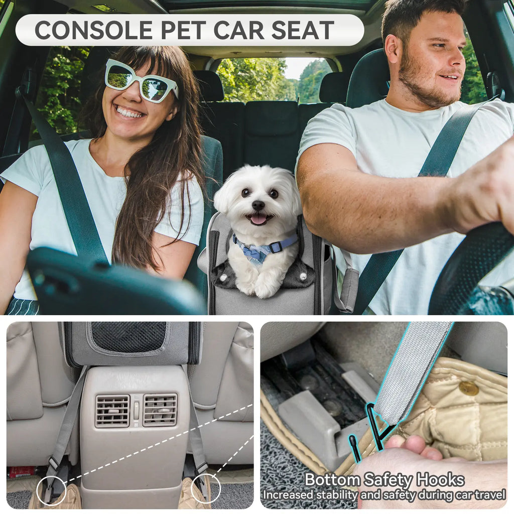 PETSFIT Multipurpose Center Console Dog Car Seat, Airline Approved Dog Car Carrier with Safety Tether and Pockets, Portable Cat Car Seat, Dog Car Seats for Small Dogs, Cats up to 9 LBS (Deep Grey)