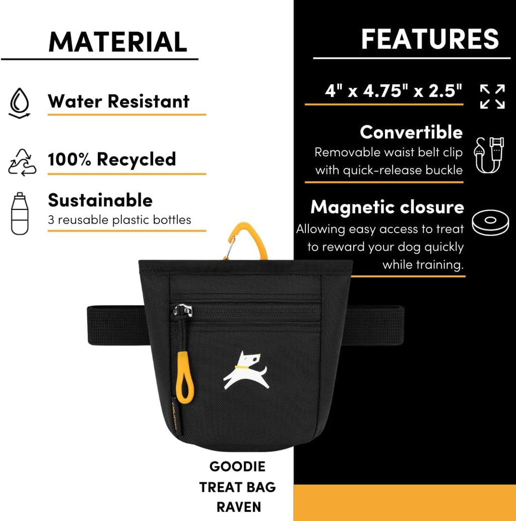 , Goodie Treat Bag, Dog Treat Training Pouch | Magnetic Closure | 3 Ways to Wear | Hands-Free Waist Belt | Water-Resistant Recycled Vegan Fabric (Raven S'25)