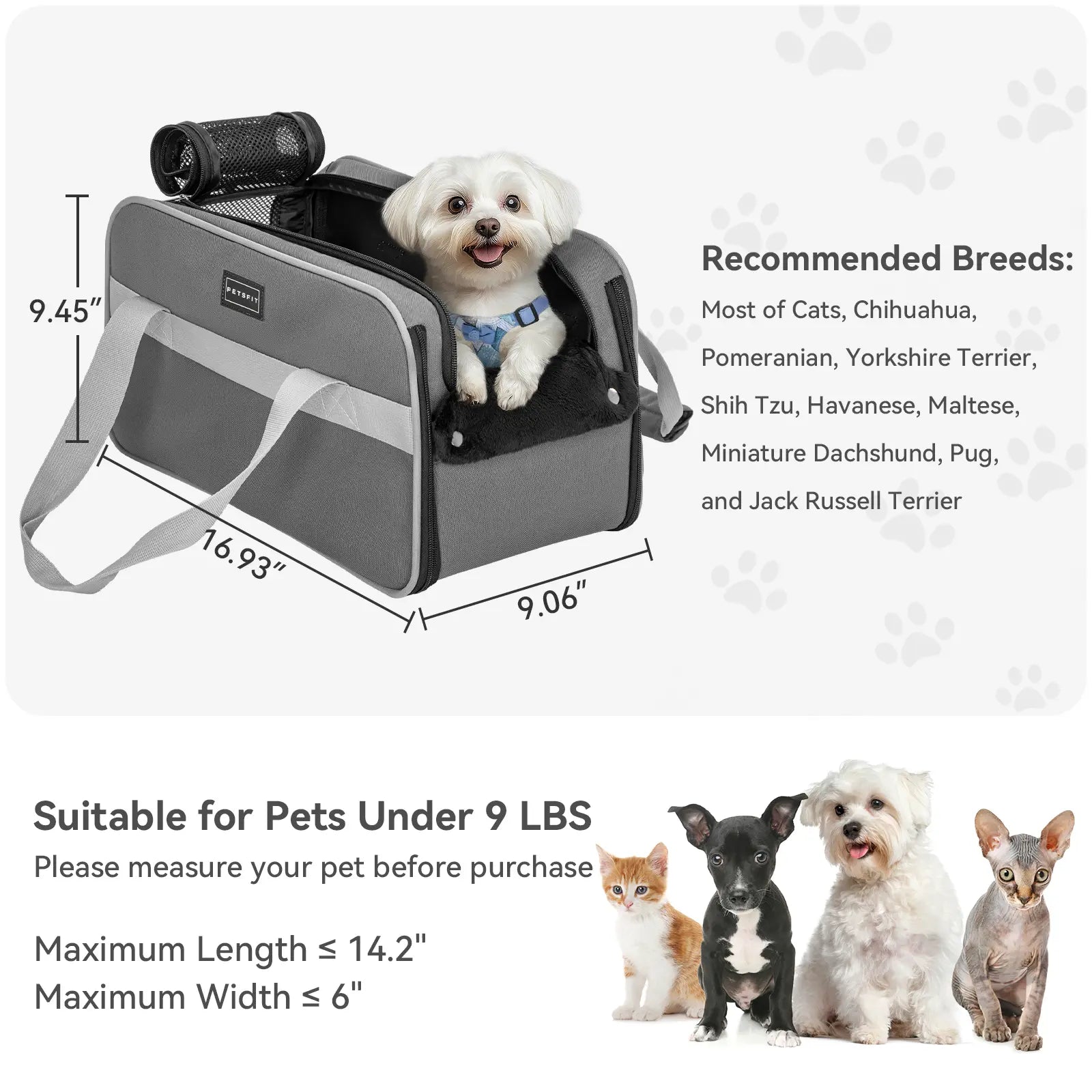 PETSFIT Multipurpose Center Console Dog Car Seat, Airline Approved Dog Car Carrier with Safety Tether and Pockets, Portable Cat Car Seat, Dog Car Seats for Small Dogs, Cats up to 9 LBS (Deep Grey)