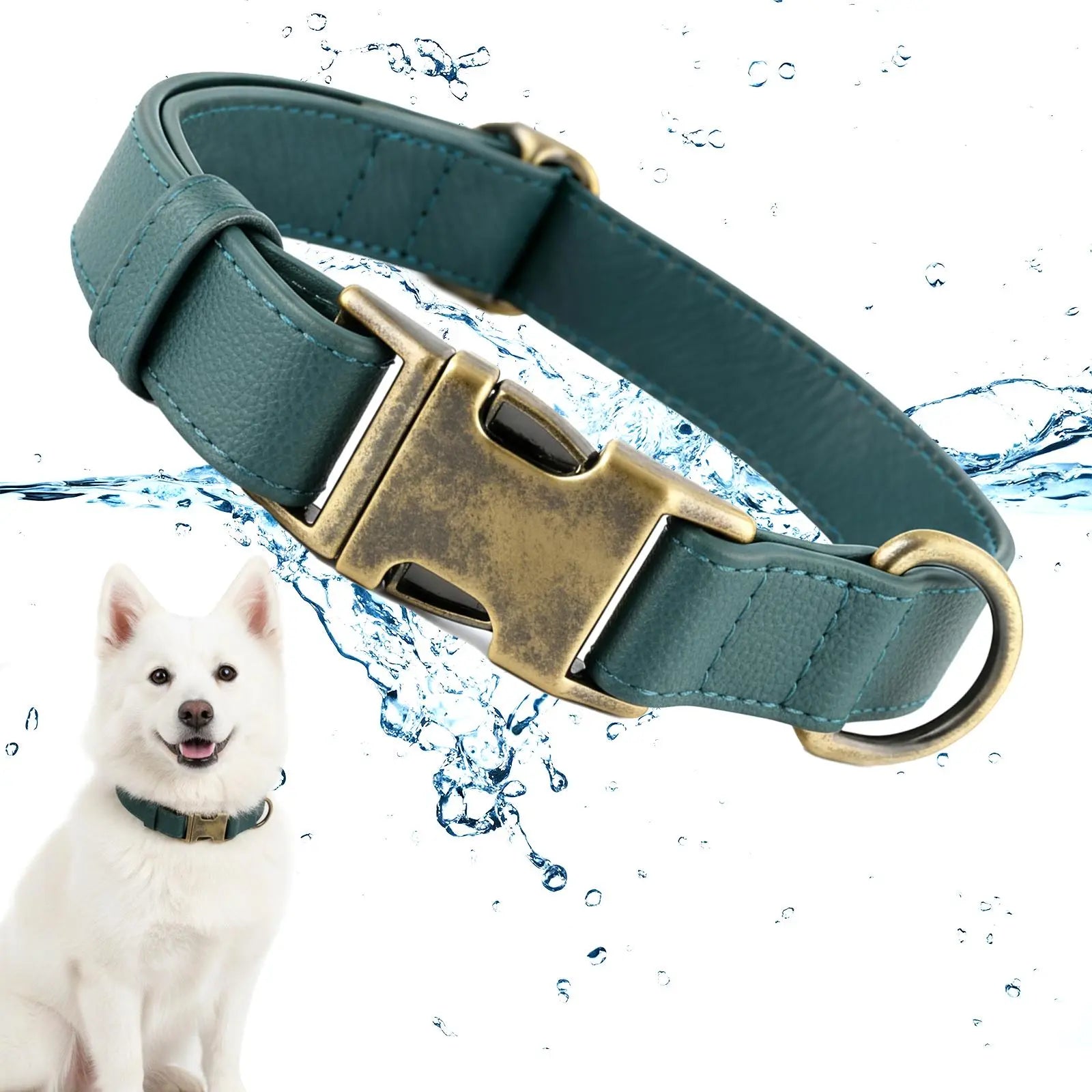 Waterproof Dog Collar with Vintage Brass Buckle Soft Silicone Leather Look Durable and Odor Free for Small Medium Large Dogs