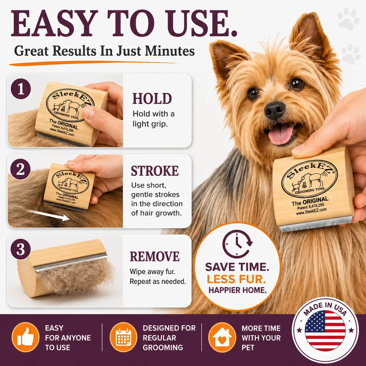 Sleekez Cat Brush for Shedding & Grooming, Wooden Handle & Stainless Steel Blade, Pet Brush for Indoor Cats, 2.5 Inches Long Groomer Tools Fur Removal Tool