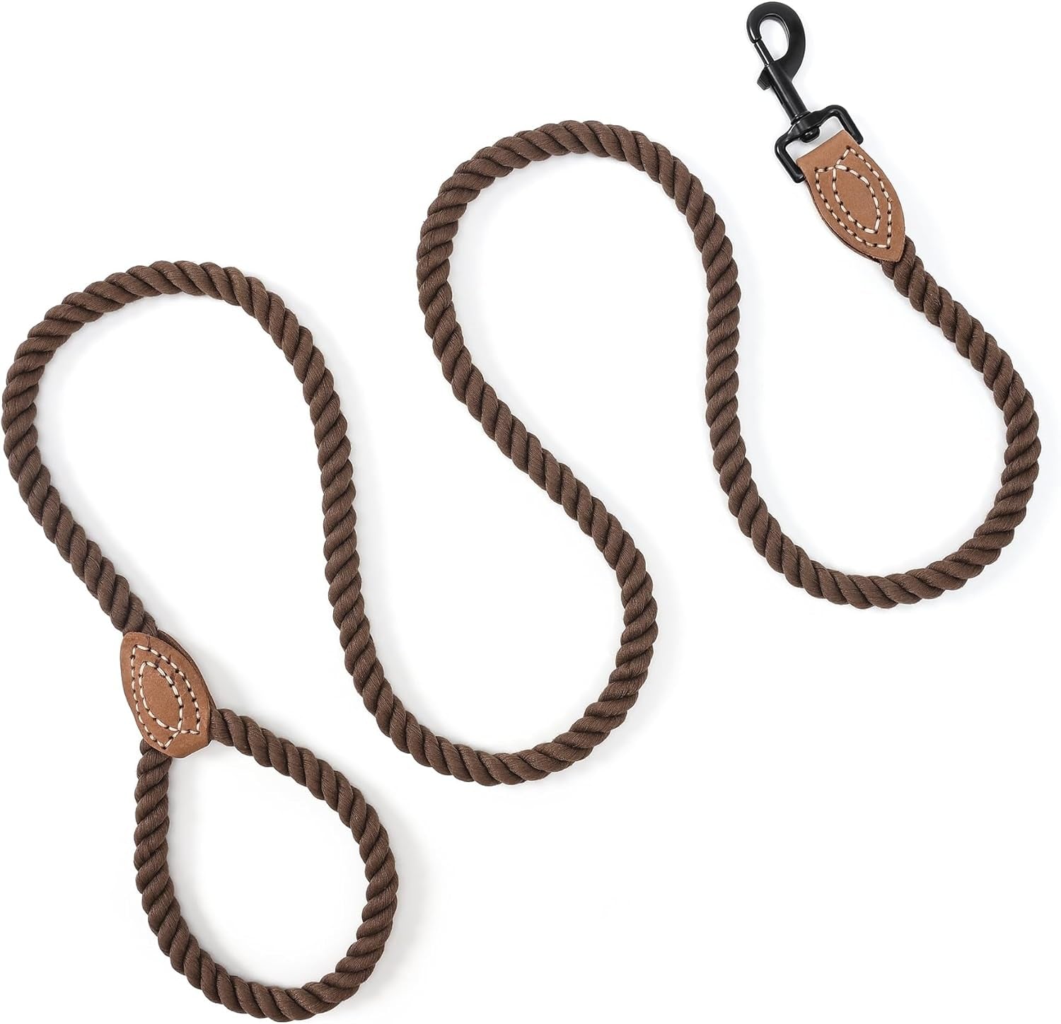 Dog Leash Braided Cotton Rope with Leather-Reinforced Ends | Rust-Proof 360° Swivel Clasp, Heavy-Duty for Medium/Large Dogs. Great for Weddings, Daily Walks (4 FT, 1/2", Dark Brown)