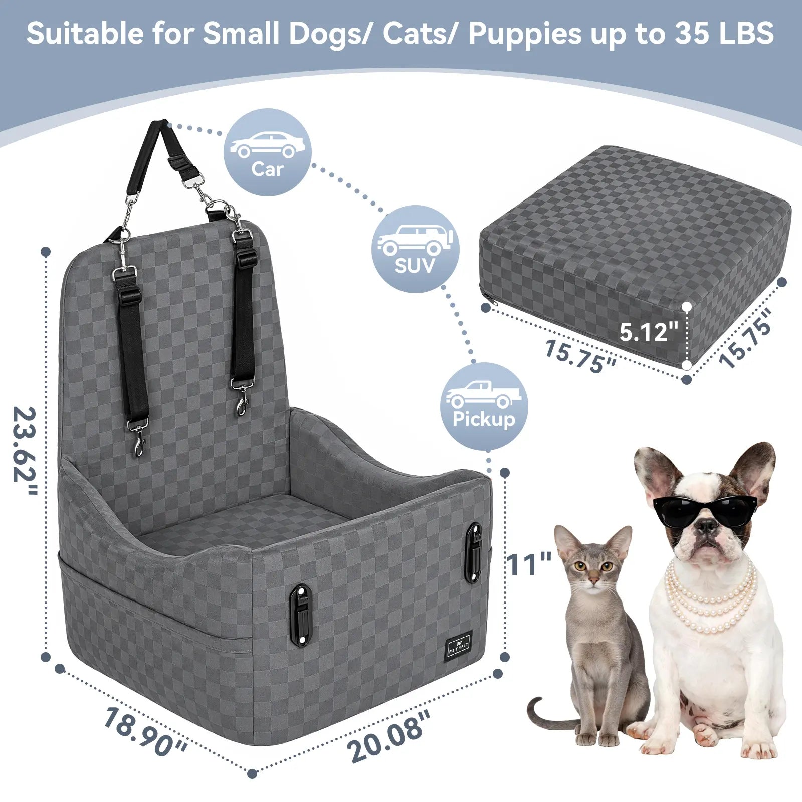 PETSFIT Dog Car Seat for Small/Medium Dogs up to 35 Lbs – Patented Safety System, 5" Memory Foam Pet Booster Car Seat, Fully Detachable and Washable Dog Carseat with 2 Storage Pockets (Black & Grey)