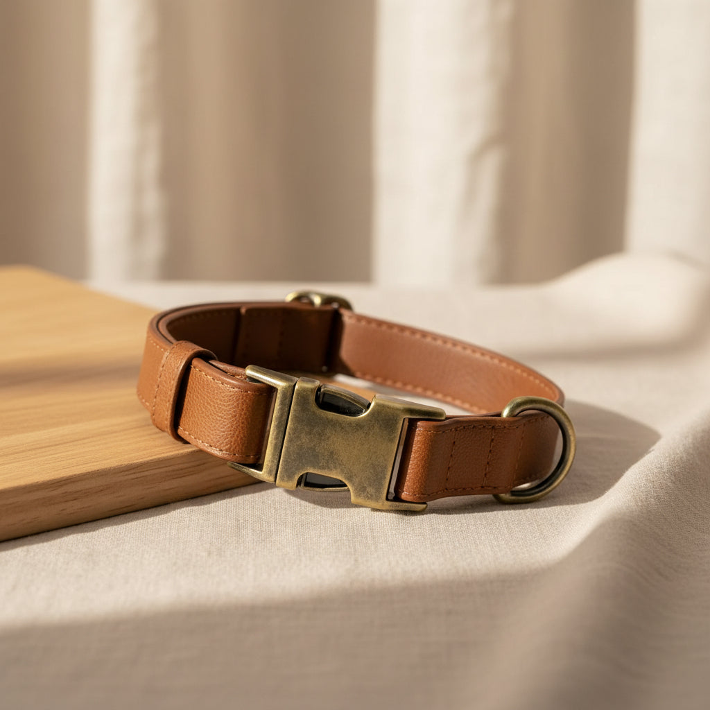 Waterproof Dog Collar with Vintage Brass Buckle Soft Silicone Leather Look Durable and Odor Free for Small Medium Large Dogs