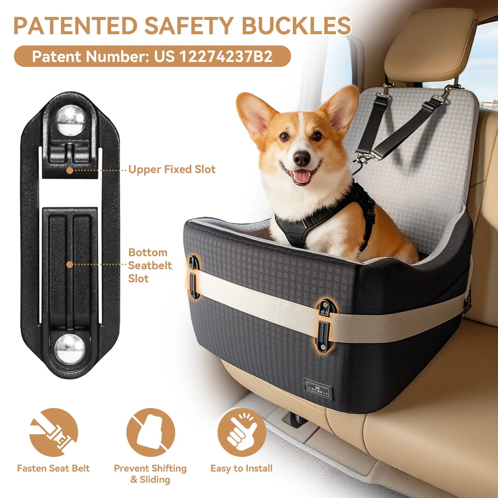 PETSFIT Dog Car Seat for Small/Medium Dogs up to 35 Lbs – Patented Safety System, 5" Memory Foam Pet Booster Car Seat, Fully Detachable and Washable Dog Carseat with 2 Storage Pockets (Black & Grey)