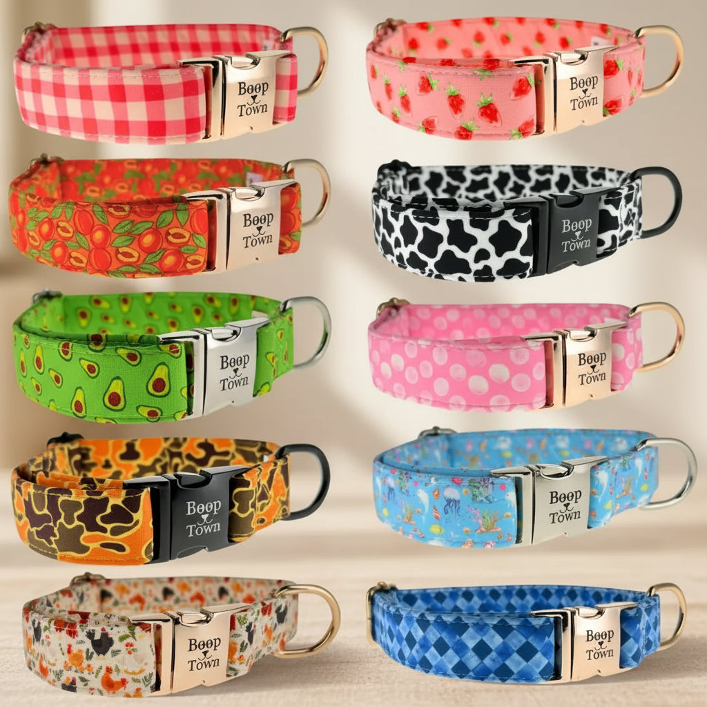 Boop Town Soft Cotton Dog Collar - Anti-Hair Matting & Durable Nylon Core - Quick Release Metal Buckle - Adjustable for Small Medium Large XL Dogs - Gold Tone Hardware Outdoorfun