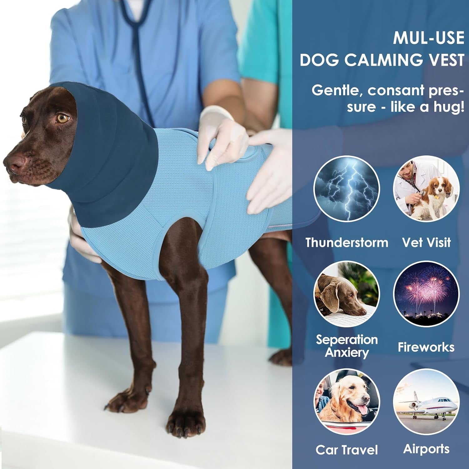 Dog Anxiety Vest, Dog Anxiety Calming Hoodie, Pet Thunder Jacket Calming Shirt for Fireworks, Thunder, Travel, Separation, Noise Block & Ear Protection Recovery