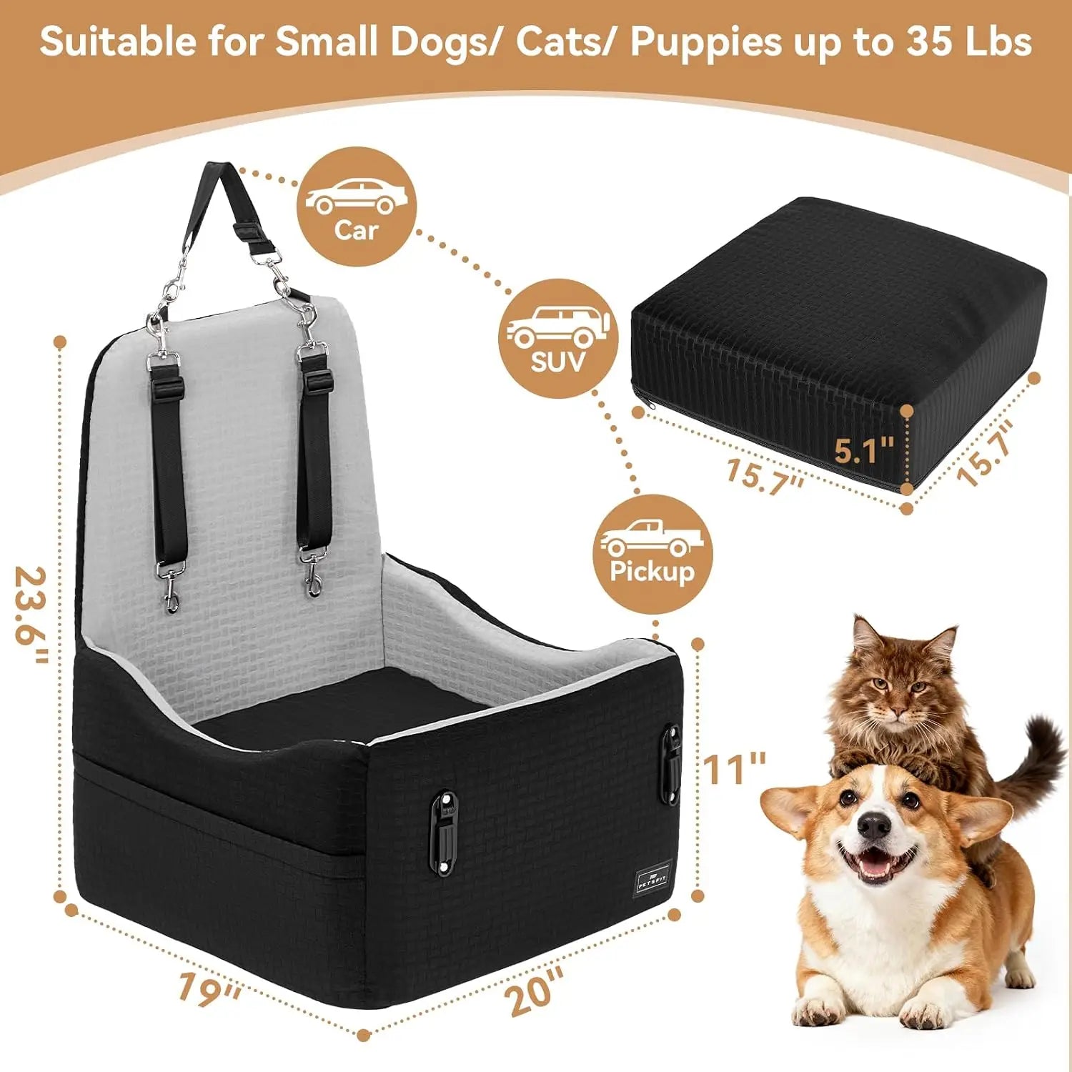 PETSFIT Dog Car Seat for Small/Medium Dogs up to 35 Lbs – Patented Safety System, 5" Memory Foam Pet Booster Car Seat, Fully Detachable and Washable Dog Carseat with 2 Storage Pockets (Black & Grey)
