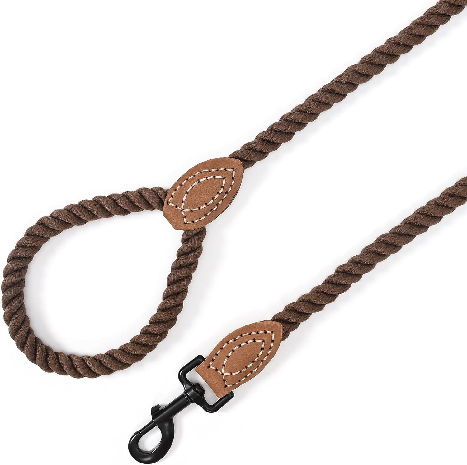 Dog Leash Braided Cotton Rope with Leather-Reinforced Ends | Rust-Proof 360° Swivel Clasp, Heavy-Duty for Medium/Large Dogs. Great for Weddings, Daily Walks (4 FT, 1/2", Dark Brown)