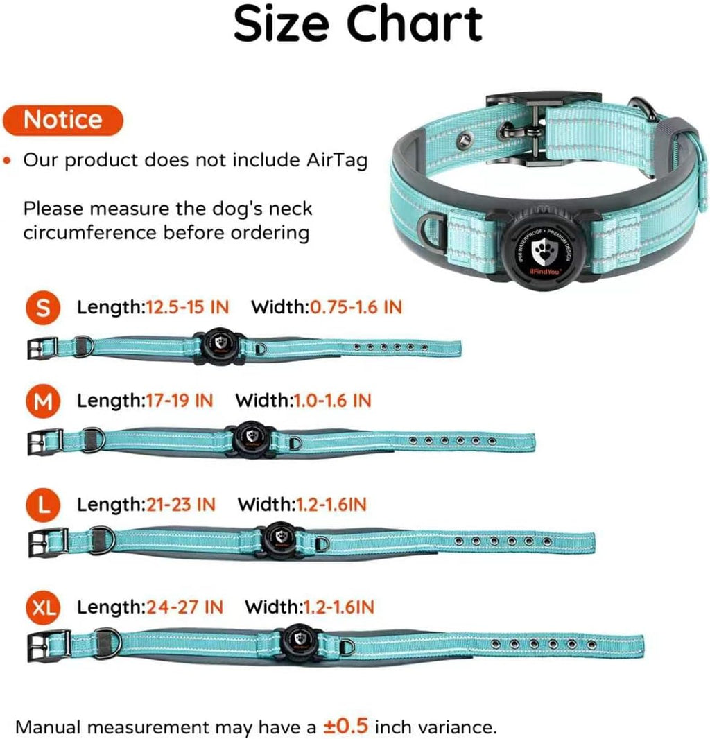 Dog Collar with Airtag Holder for Medium Dogs, Upgraded Waterproof Air Tag Dog Collar Widened Comfortable Padded, Reflective, Ultra-Durable, Heavy Duty Dog Collars Adjustable - M(17" - 19") Cyan