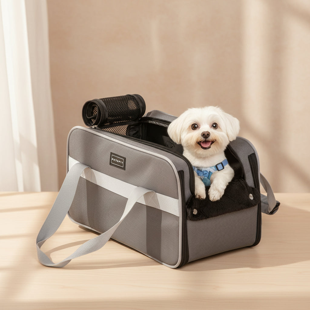 PETSFIT Multipurpose Center Console Dog Car Seat, Airline Approved Dog Car Carrier with Safety Tether and Pockets, Portable Cat Car Seat, Dog Car Seats for Small Dogs, Cats up to 9 LBS (Deep Grey)