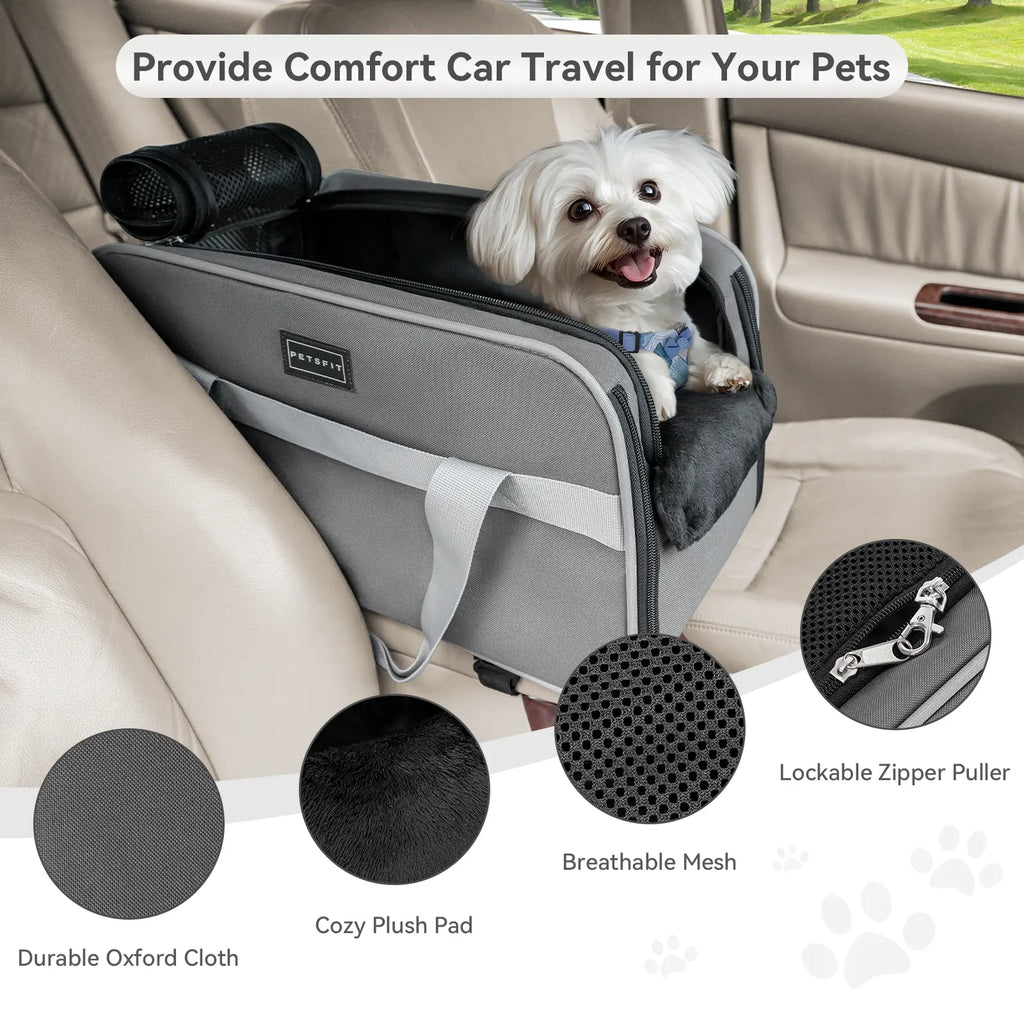 PETSFIT Multipurpose Center Console Dog Car Seat, Airline Approved Dog Car Carrier with Safety Tether and Pockets, Portable Cat Car Seat, Dog Car Seats for Small Dogs, Cats up to 9 LBS (Deep Grey)