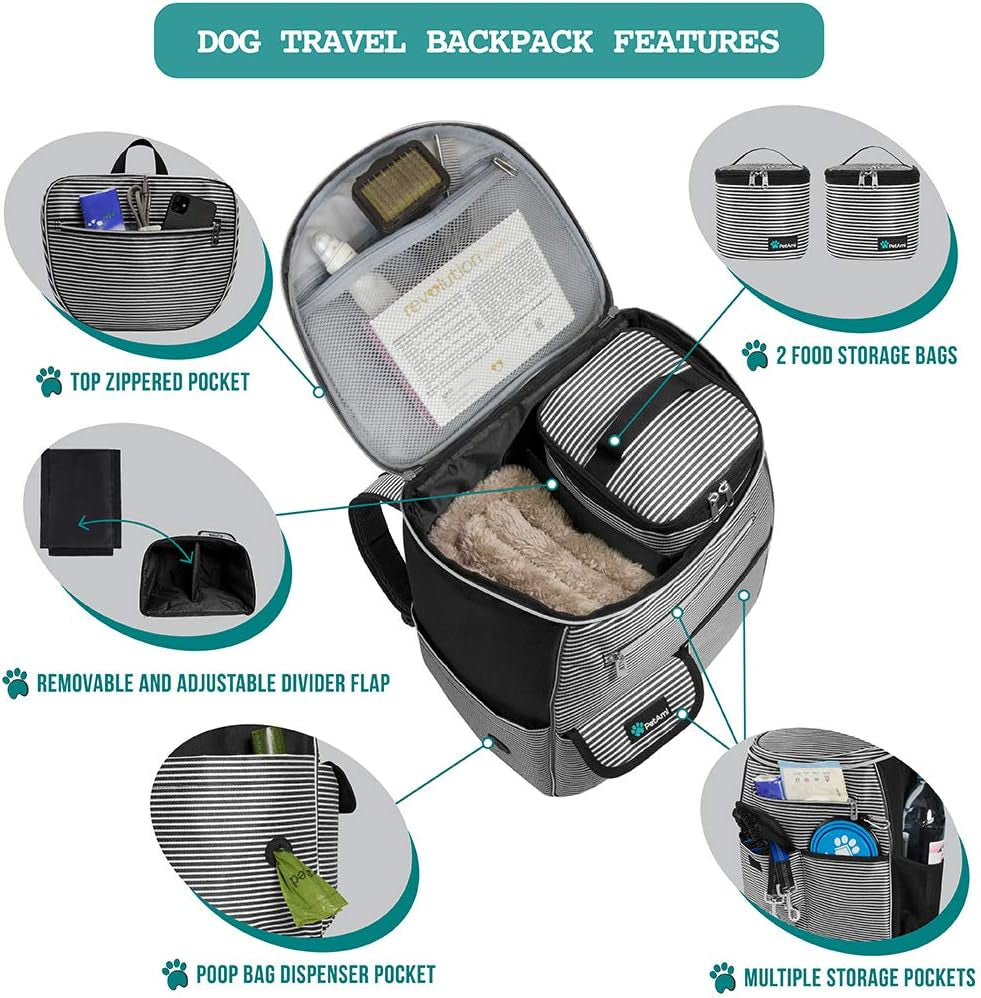 Dog Travel Bag Backpack, 27L Airline Approved Pet Supplies Organizer with 2 Food Containers, 2 Collapsible Bowls & Poop Bag Dispenser, Weekend Road Trip Camping Dog Mom Gift, Stripe Black