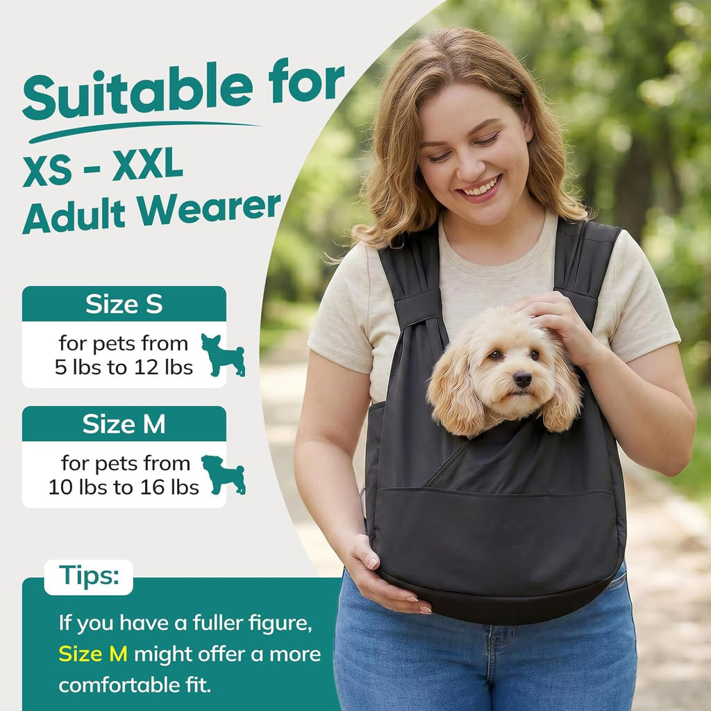 Dog Sling Carrier for Small Dogs with Bottom Support, Adjustable Pet Front Dog Carrier-Padded Strap Reducing Back Neck Pain, Anti-Anxiety Backpack for Travel Hiking Camping, Hands Free (Black,M)