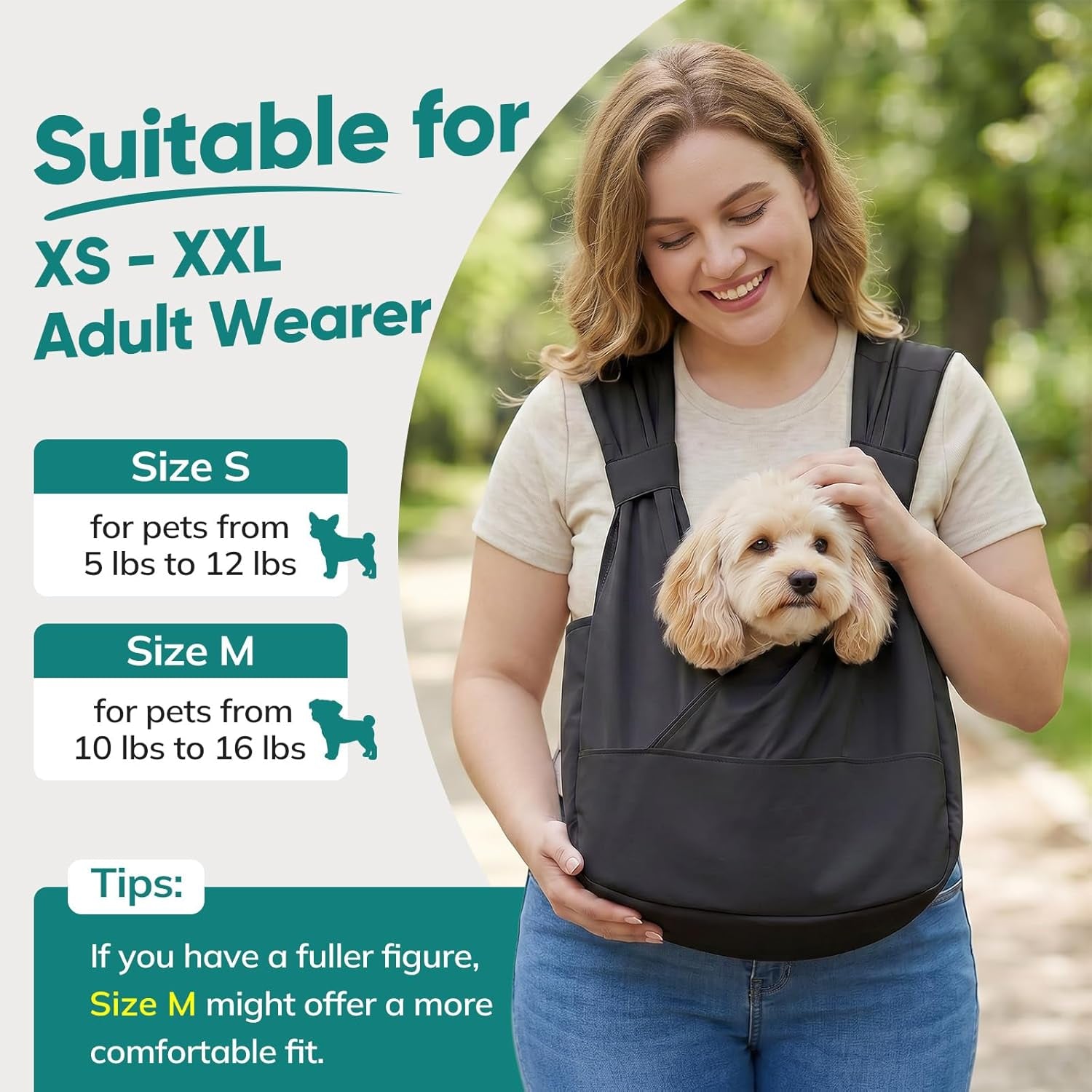 Dog Sling Carrier for Small Dogs with Bottom Support, Adjustable Pet Front Dog Carrier-Padded Strap Reducing Back Neck Pain, Anti-Anxiety Backpack for Travel Hiking Camping, Hands Free (Black,M)
