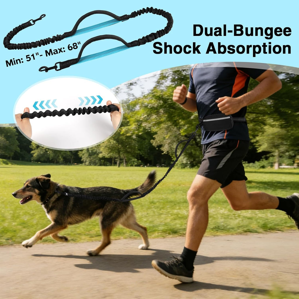 Hands-Free Dog Leash, Large (25-120 Lbs), Black | Zippered Storage Pouch, Double Padded Handles, Heavy-Duty Bungee Cord, Ideal for Walking, Jogging & Running