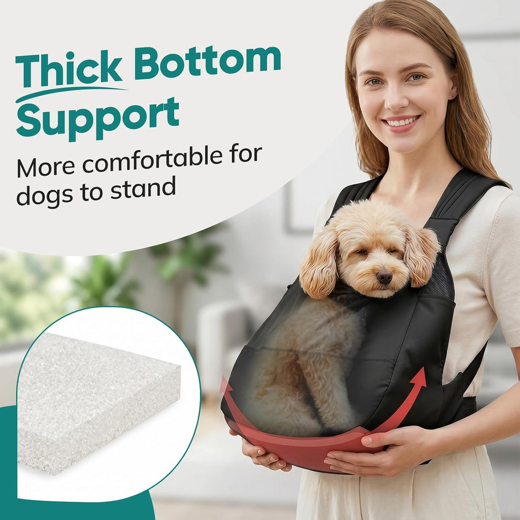 Dog Sling Carrier for Small Dogs with Bottom Support, Adjustable Pet Front Dog Carrier-Padded Strap Reducing Back Neck Pain, Anti-Anxiety Backpack for Travel Hiking Camping, Hands Free (Black,M)