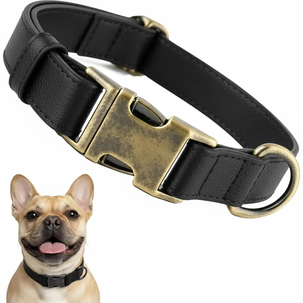 Waterproof Dog Collar with Vintage Brass Buckle Soft Silicone Leather Look Durable and Odor Free for Small Medium Large Dogs
