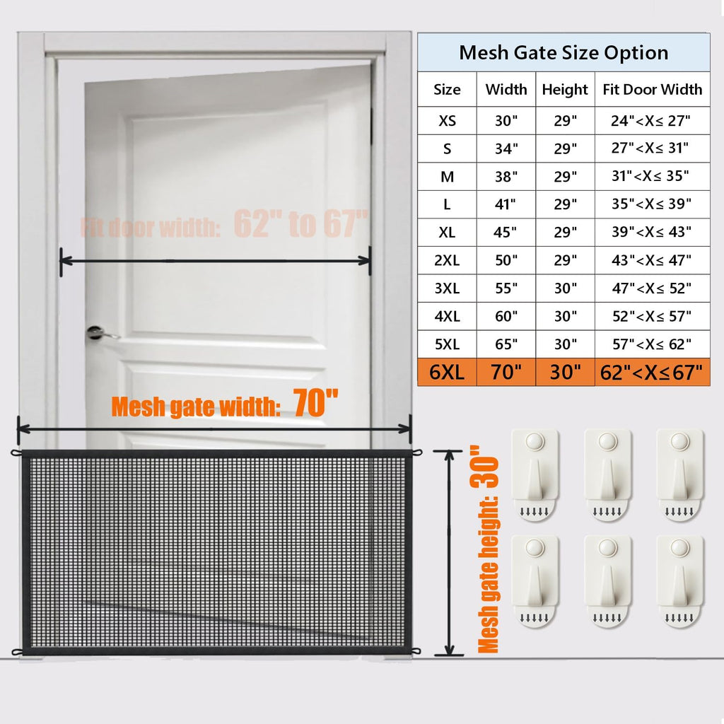 Magic Mesh Dog Gate for Doorways – Indoor Pet Gate 30"X70" for Kitchen, Stairs, Hallway, Fits 64–66" Wide Openings