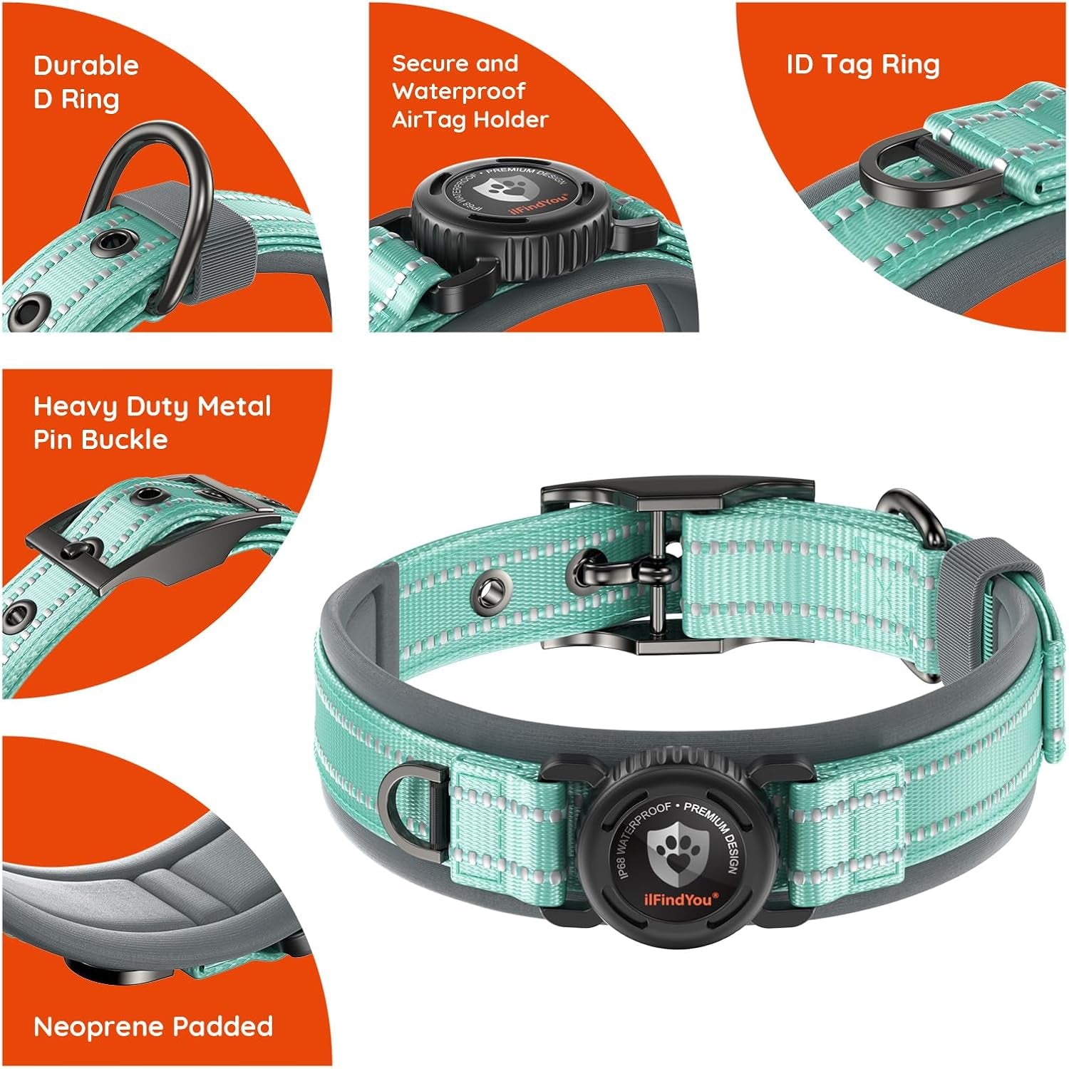 Dog Collar with Airtag Holder for Medium Dogs, Upgraded Waterproof Air Tag Dog Collar Widened Comfortable Padded, Reflective, Ultra-Durable, Heavy Duty Dog Collars Adjustable - M(17" - 19") Cyan
