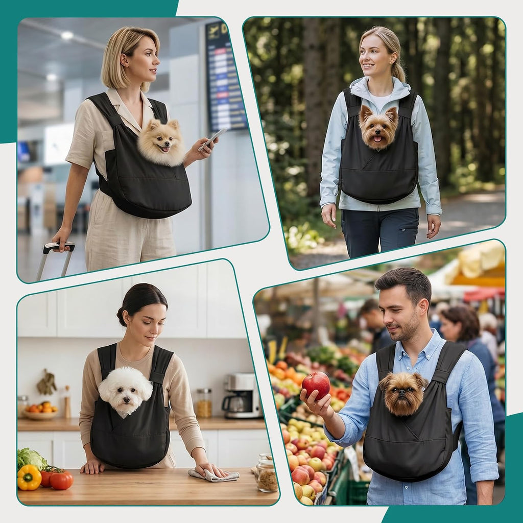 Dog Sling Carrier for Small Dogs with Bottom Support, Adjustable Pet Front Dog Carrier-Padded Strap Reducing Back Neck Pain, Anti-Anxiety Backpack for Travel Hiking Camping, Hands Free (Black,M)