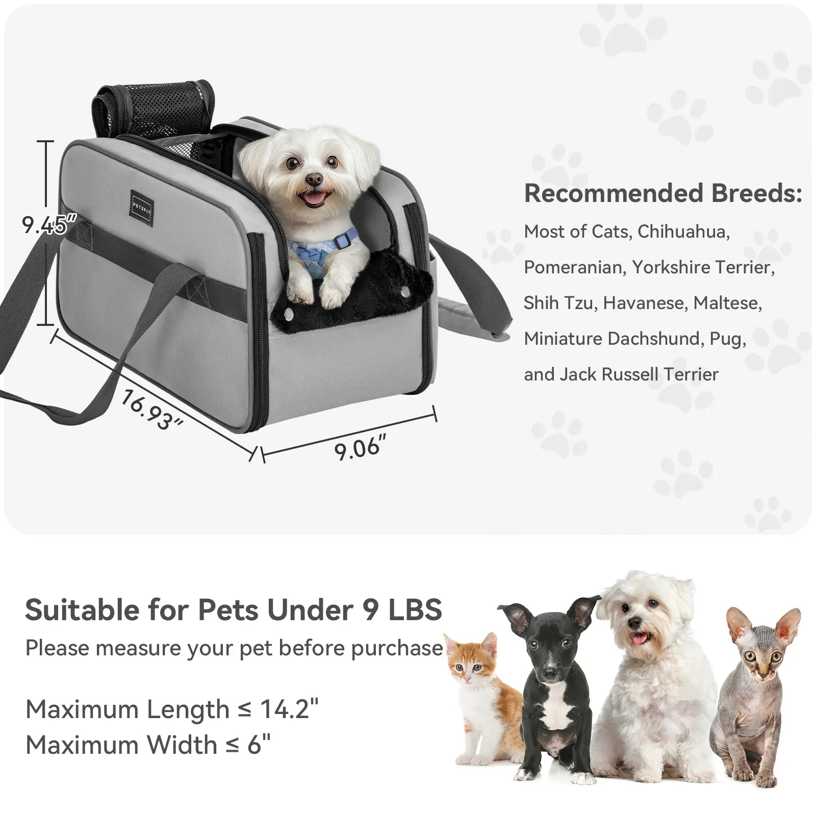 PETSFIT Multipurpose Center Console Dog Car Seat, Airline Approved Dog Car Carrier with Safety Tether and Pockets, Portable Cat Car Seat, Dog Car Seats for Small Dogs, Cats up to 9 LBS (Deep Grey)