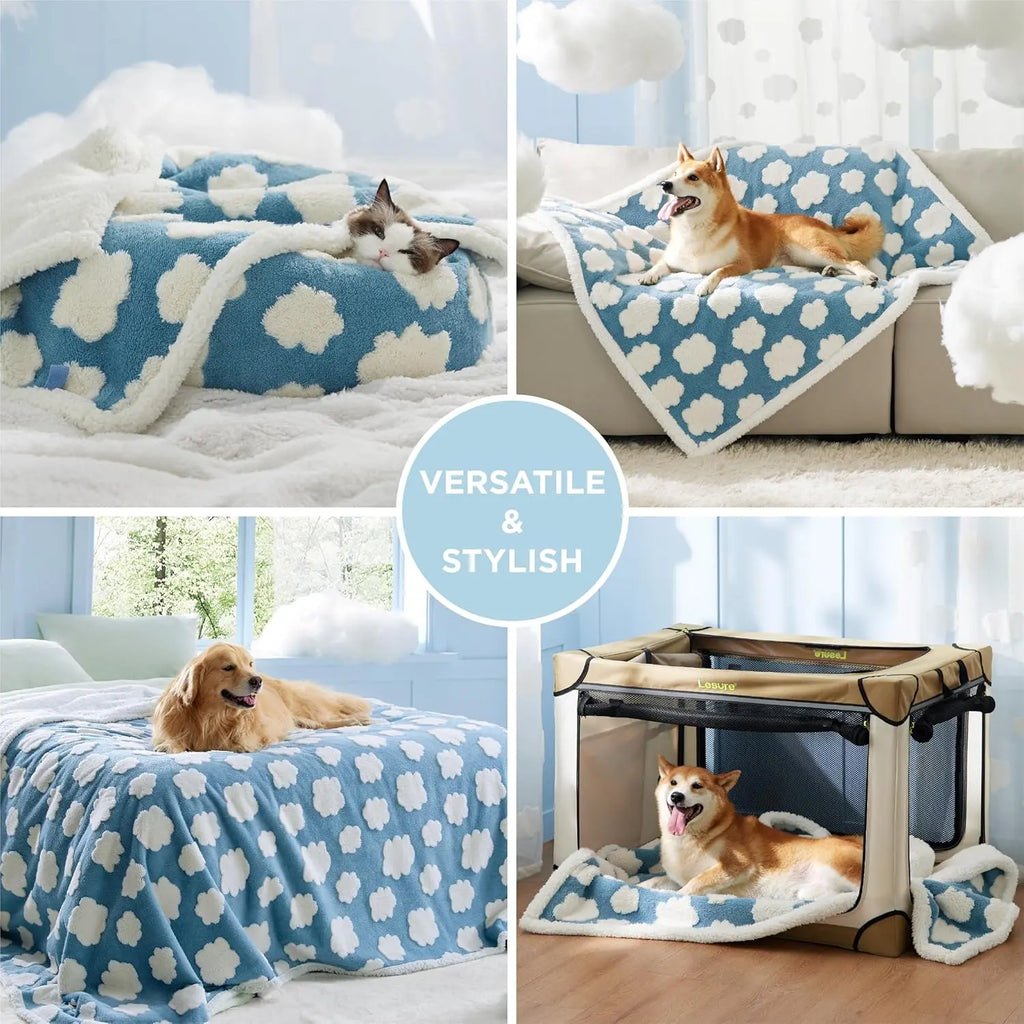 Lesure Waterproof Comfy Vibes Pet Blanket for Dogs & Cats - 2-Sided Jacquard Shag & Sherpa Fleece, 3D Textured Cloud Pattern, Machine Washable, Durable, Portable Couch Protector