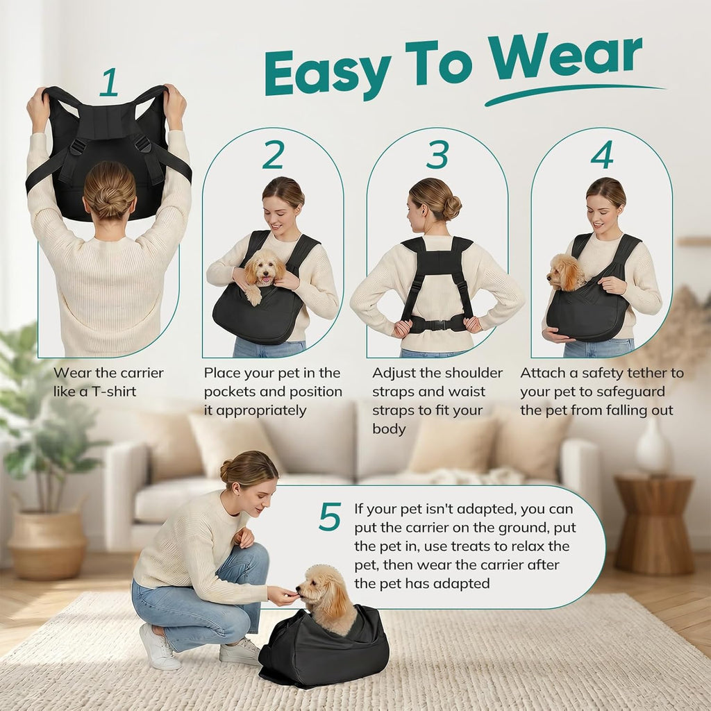 Dog Sling Carrier for Small Dogs with Bottom Support, Adjustable Pet Front Dog Carrier-Padded Strap Reducing Back Neck Pain, Anti-Anxiety Backpack for Travel Hiking Camping, Hands Free (Black,M)