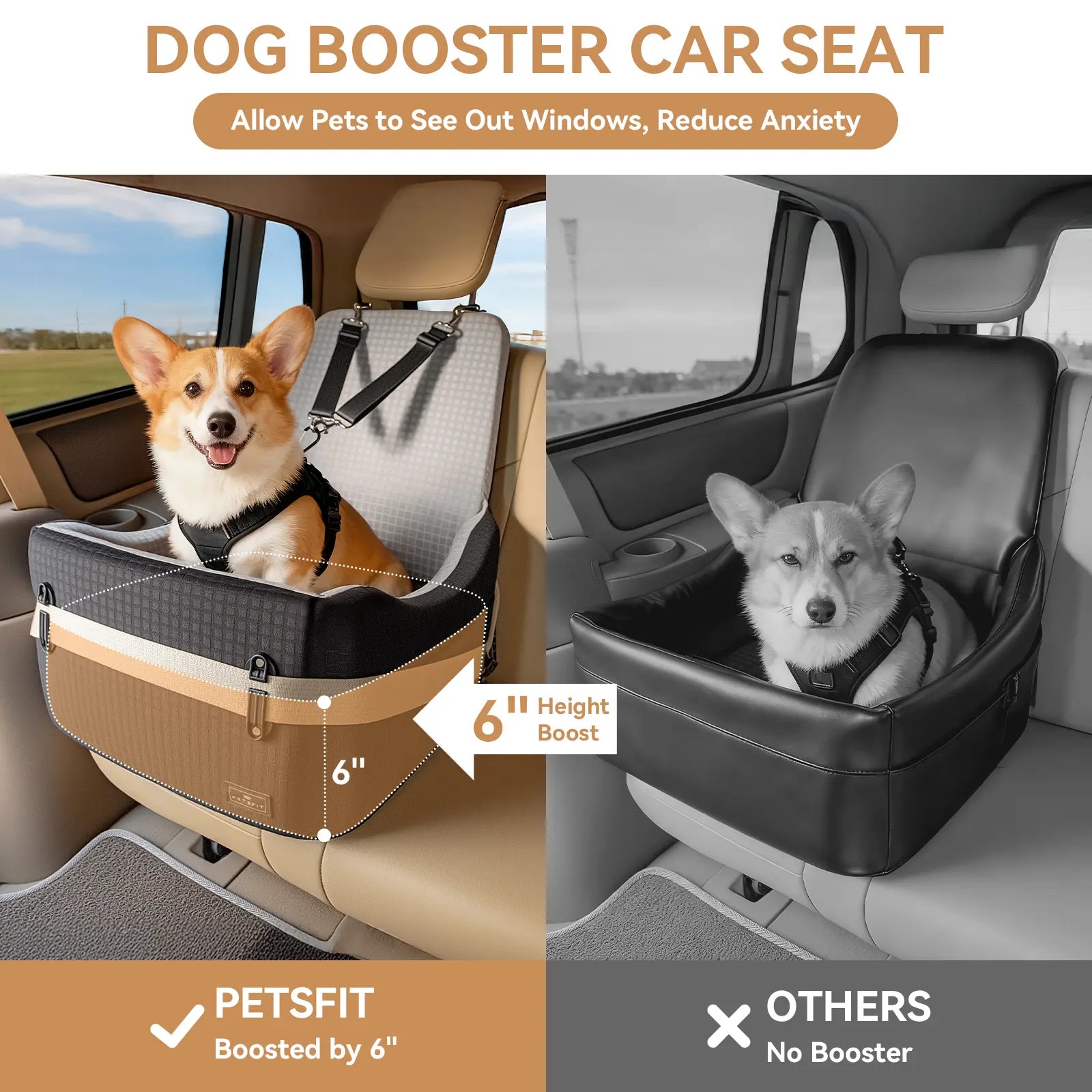 PETSFIT Dog Car Seat for Small/Medium Dogs up to 35 Lbs – Patented Safety System, 5" Memory Foam Pet Booster Car Seat, Fully Detachable and Washable Dog Carseat with 2 Storage Pockets (Black & Grey)