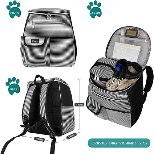 Dog Travel Bag Backpack, 27L Airline Approved Pet Supplies Organizer with 2 Food Containers, 2 Collapsible Bowls & Poop Bag Dispenser, Weekend Road Trip Camping Dog Mom Gift, Stripe Black