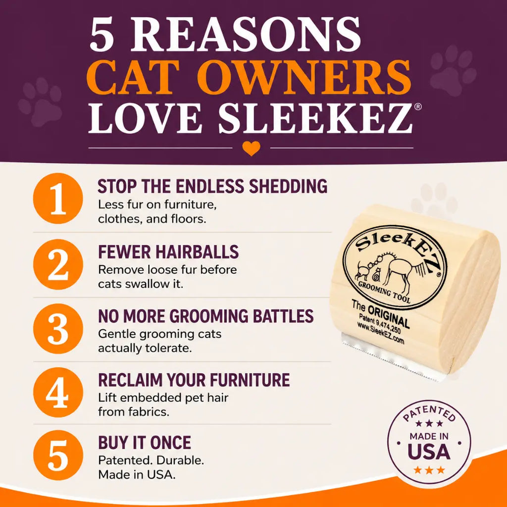 Sleekez Cat Brush for Shedding & Grooming, Wooden Handle & Stainless Steel Blade, Pet Brush for Indoor Cats, 2.5 Inches Long Groomer Tools Fur Removal Tool