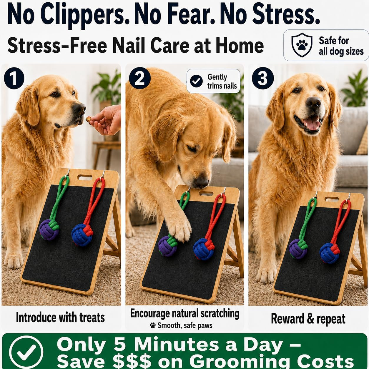Dog Scratch Board for Nails – Bamboo Dog Nail File Board with Replaceable Sandpaper, Rope Toys, Stress-Free Natural Dog Nail Care Alternative for Anxious, Rescue & Clipper-Shy Dogs