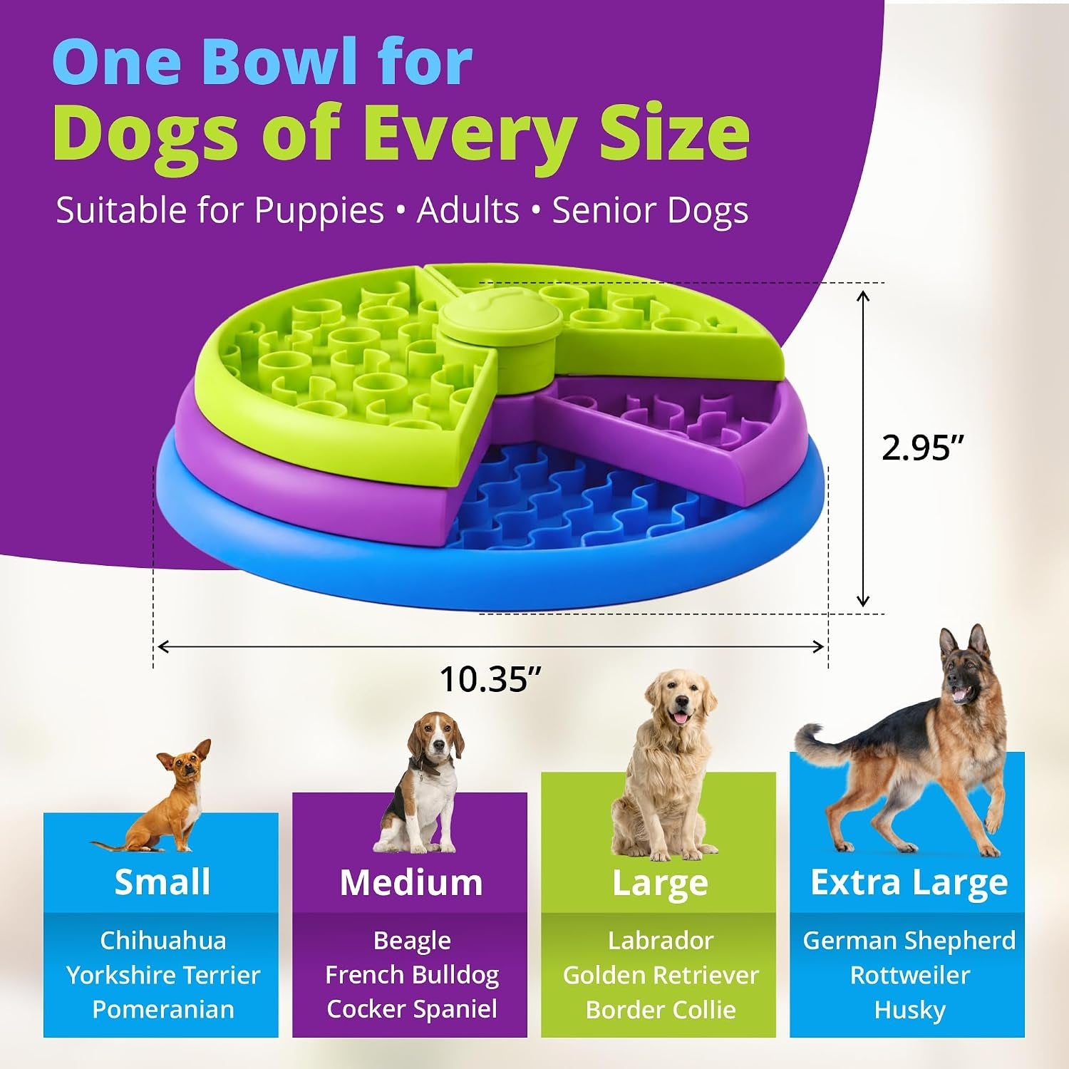 Slow Feeder Dog Bowl – 3-Level Puzzle Feeder for Large, Medium & Small Dogs | Spinning Lick Bowl for Liquid Treats, Peanut Butter & Wet Food | Bpa-Free Dog Enrichment Bowl