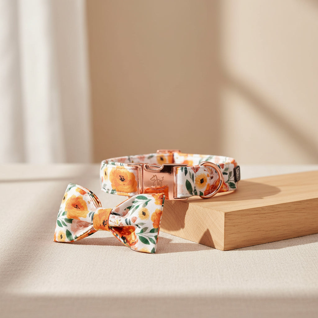 Floral Dog Collar with Bow, Comfotable Dog Bowtie, Bowtie Dog Collar Adjustable Girl Dog Collars for Small Medium Large Dogs and Cats