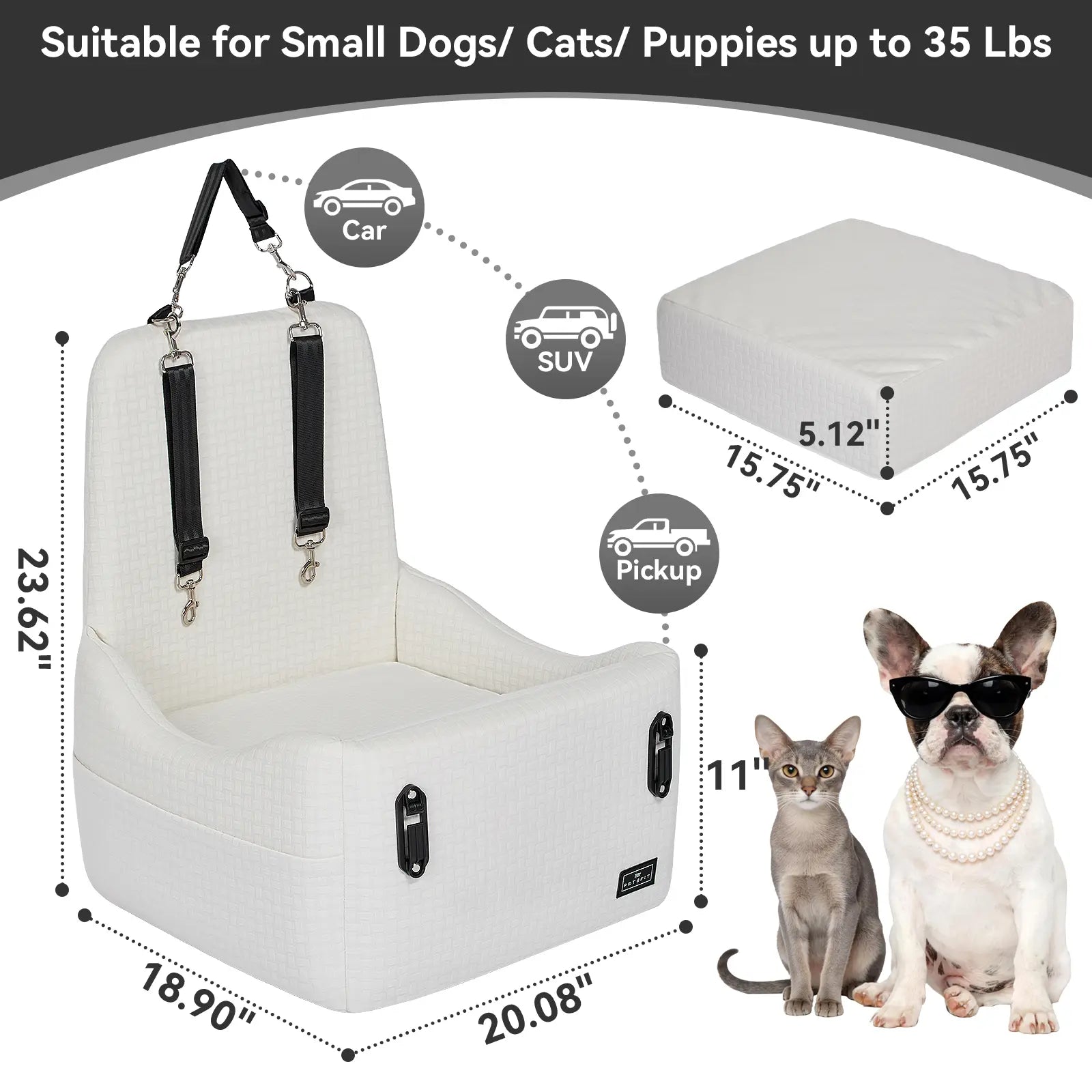 PETSFIT Dog Car Seat for Small/Medium Dogs up to 35 Lbs – Patented Safety System, 5" Memory Foam Pet Booster Car Seat, Fully Detachable and Washable Dog Carseat with 2 Storage Pockets (Black & Grey)
