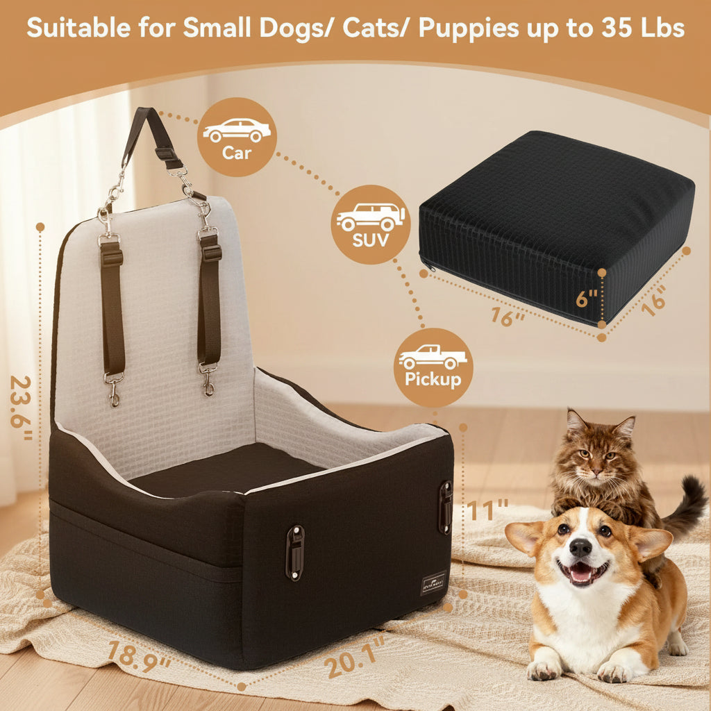 PETSFIT Dog Car Seat for Small/Medium Dogs up to 35 Lbs – Patented Safety System, 5" Memory Foam Pet Booster Car Seat, Fully Detachable and Washable Dog Carseat with 2 Storage Pockets (Black & Grey)
