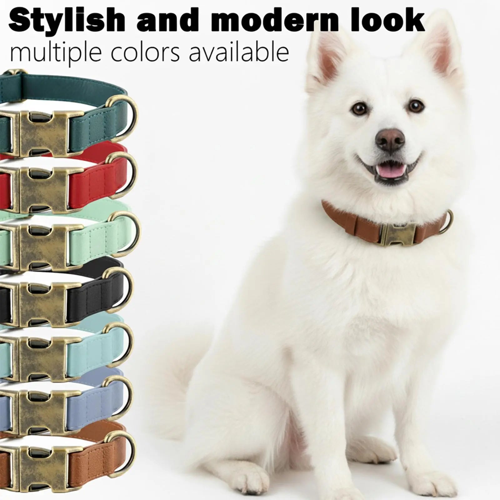 Waterproof Dog Collar with Vintage Brass Buckle Soft Silicone Leather Look Durable and Odor Free for Small Medium Large Dogs