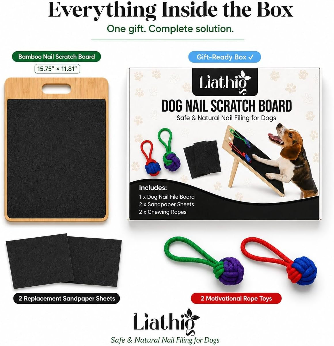 Dog Scratch Board for Nails – Bamboo Dog Nail File Board with Replaceable Sandpaper, Rope Toys, Stress-Free Natural Dog Nail Care Alternative for Anxious, Rescue & Clipper-Shy Dogs