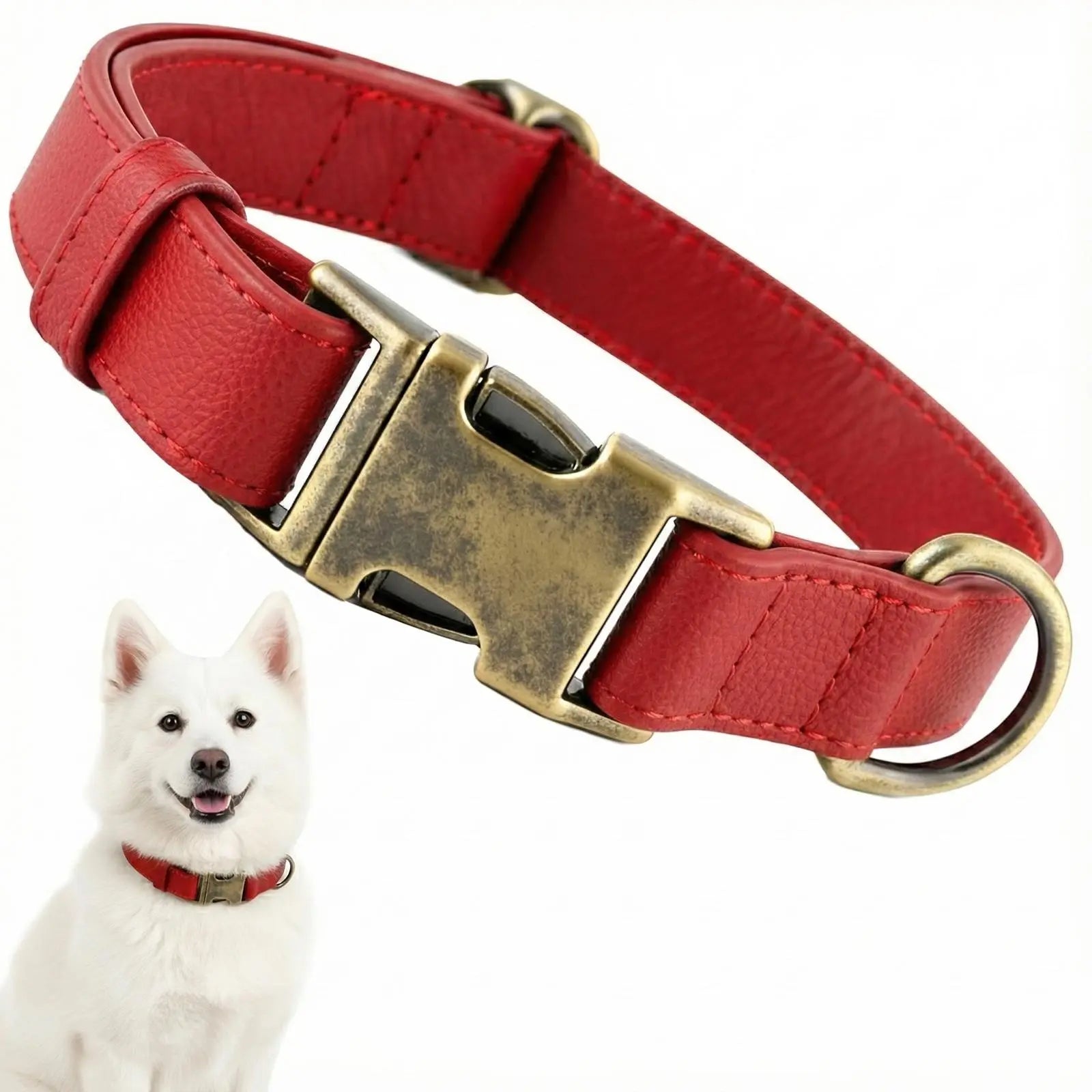 Waterproof Dog Collar with Vintage Brass Buckle Soft Silicone Leather Look Durable and Odor Free for Small Medium Large Dogs