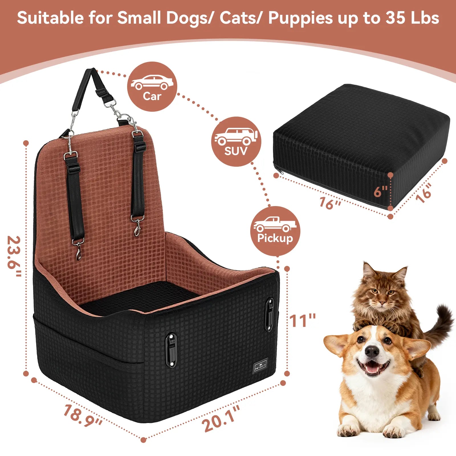 PETSFIT Dog Car Seat for Small/Medium Dogs up to 35 Lbs – Patented Safety System, 5" Memory Foam Pet Booster Car Seat, Fully Detachable and Washable Dog Carseat with 2 Storage Pockets (Black & Grey)