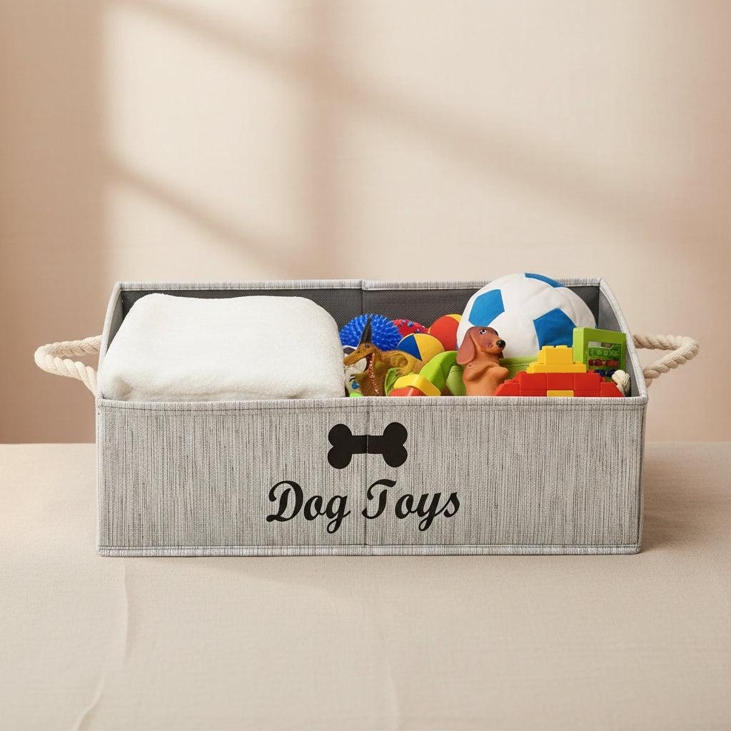 Large Dog Toys Storage Bins-Foldable Fabric Trapezoid Organizer Boxes with Weave Rope Handle,Collapsible Basket for Shelves,Dog Apparel(Gray-Dog)
