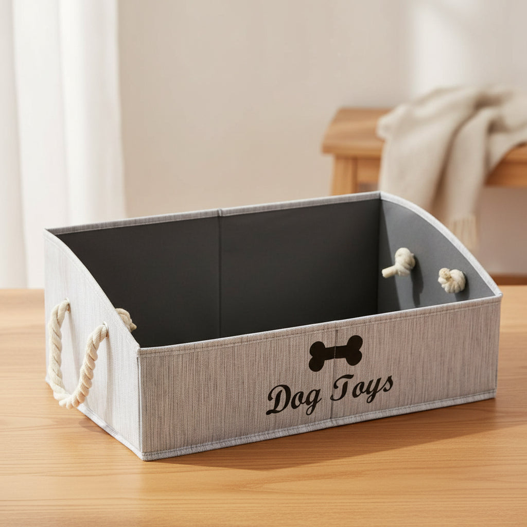 Large Dog Toys Storage Bins-Foldable Fabric Trapezoid Organizer Boxes with Weave Rope Handle,Collapsible Basket for Shelves,Dog Apparel(Gray-Dog)