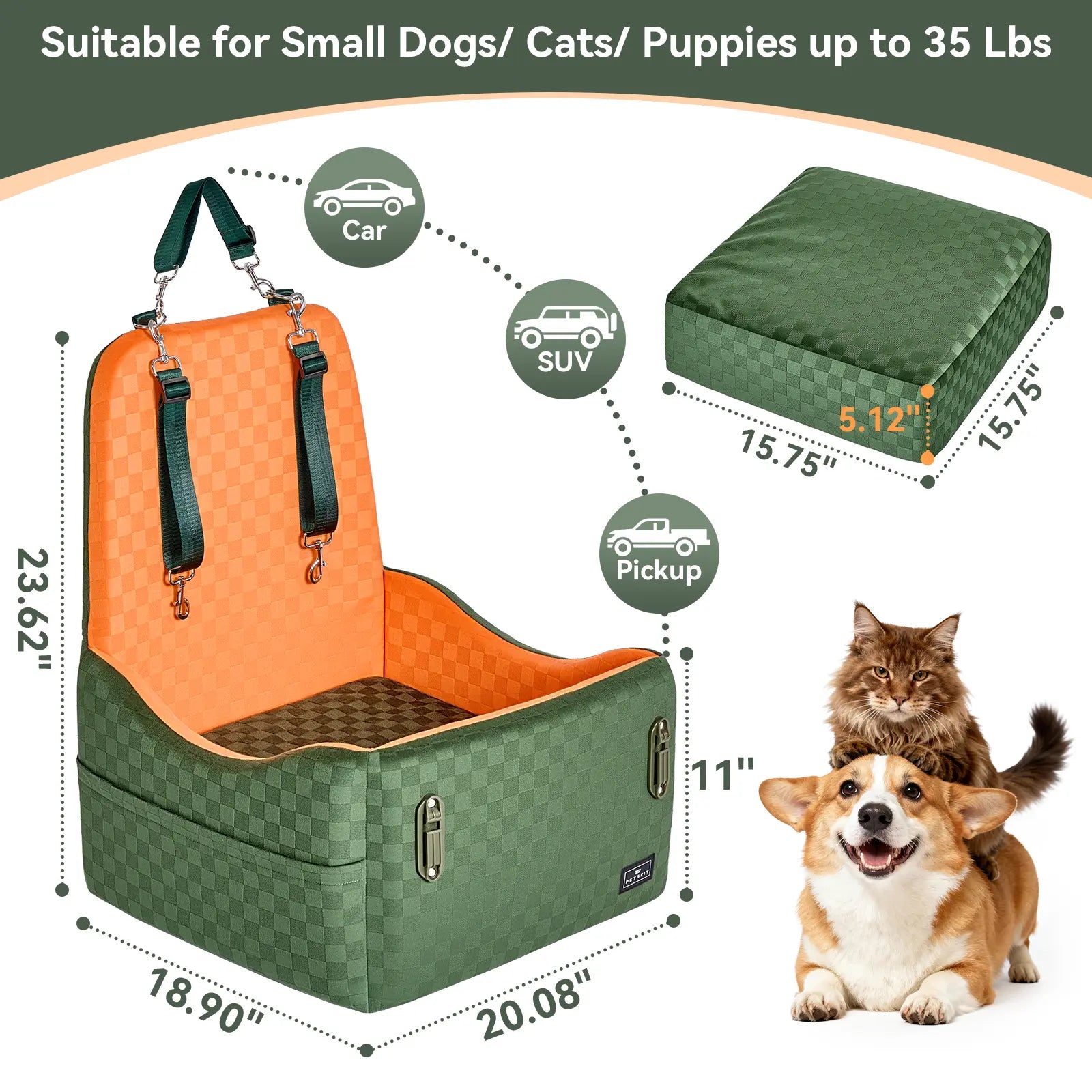 PETSFIT Dog Car Seat for Small/Medium Dogs up to 35 Lbs – Patented Safety System, 5" Memory Foam Pet Booster Car Seat, Fully Detachable and Washable Dog Carseat with 2 Storage Pockets (Black & Grey)