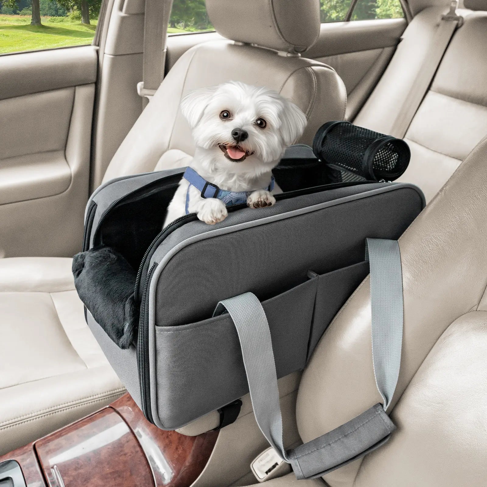 PETSFIT Multipurpose Center Console Dog Car Seat, Airline Approved Dog Car Carrier with Safety Tether and Pockets, Portable Cat Car Seat, Dog Car Seats for Small Dogs, Cats up to 9 LBS (Deep Grey)