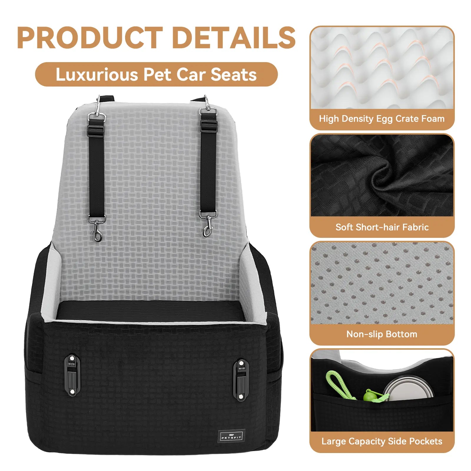 PETSFIT Dog Car Seat for Small/Medium Dogs up to 35 Lbs – Patented Safety System, 5" Memory Foam Pet Booster Car Seat, Fully Detachable and Washable Dog Carseat with 2 Storage Pockets (Black & Grey)