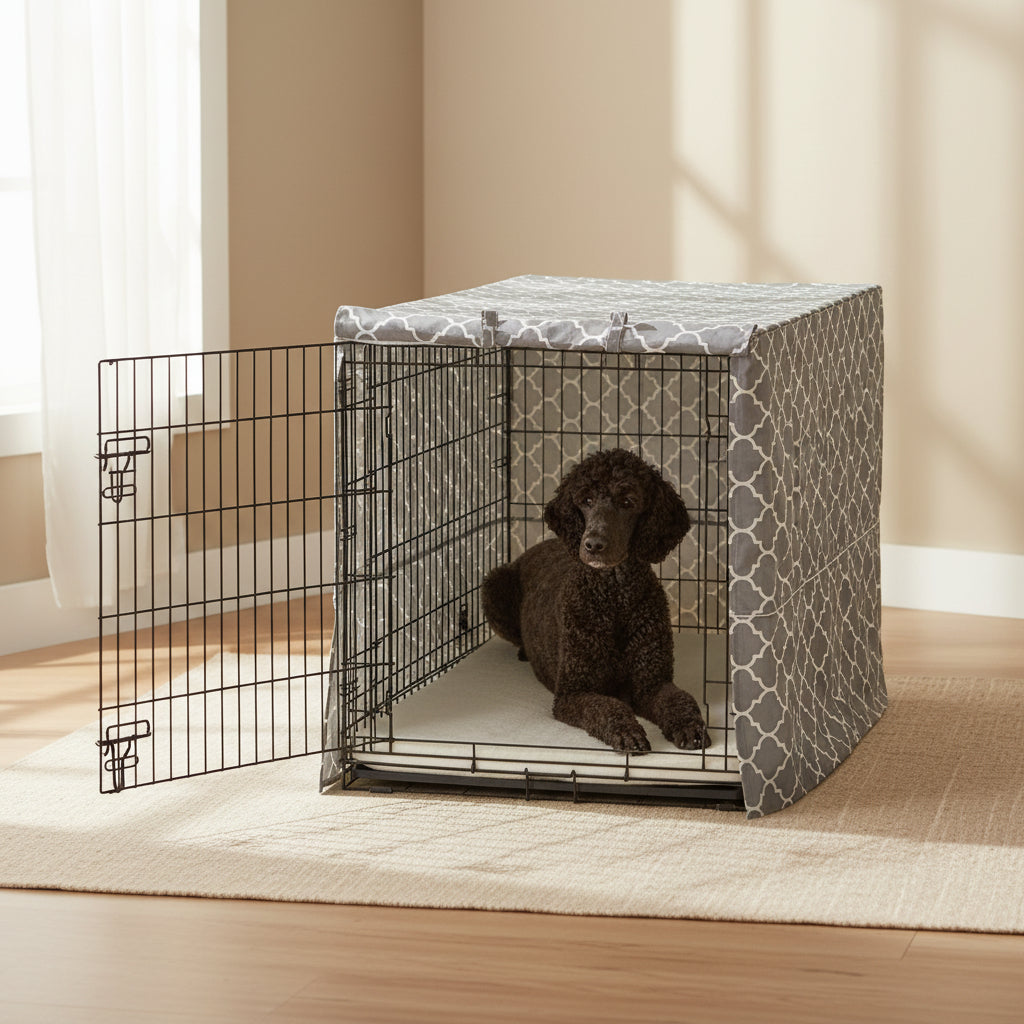 Midwest Homes for Pets XL Dog Crate Cover Featuring Teflon Fabric Protector, Poly-Cotton Privacy Kennel Cover Fits Most 48-Inch Crates, Gray Designer Print, Machine Washable, Reduces Barking