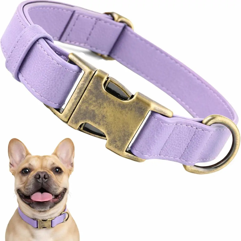 Waterproof Dog Collar with Vintage Brass Buckle Soft Silicone Leather Look Durable and Odor Free for Small Medium Large Dogs