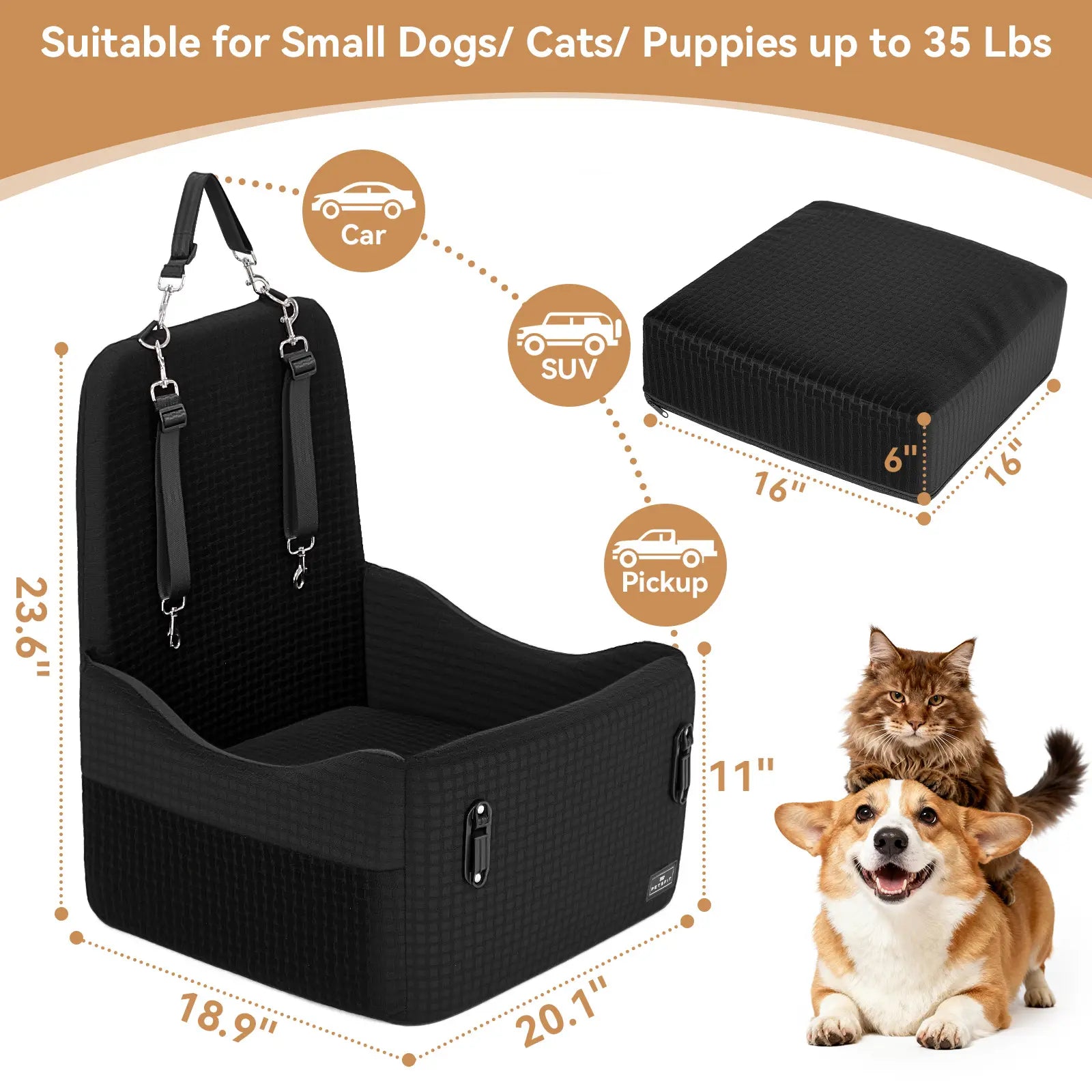 PETSFIT Dog Car Seat for Small/Medium Dogs up to 35 Lbs – Patented Safety System, 5" Memory Foam Pet Booster Car Seat, Fully Detachable and Washable Dog Carseat with 2 Storage Pockets (Black & Grey)