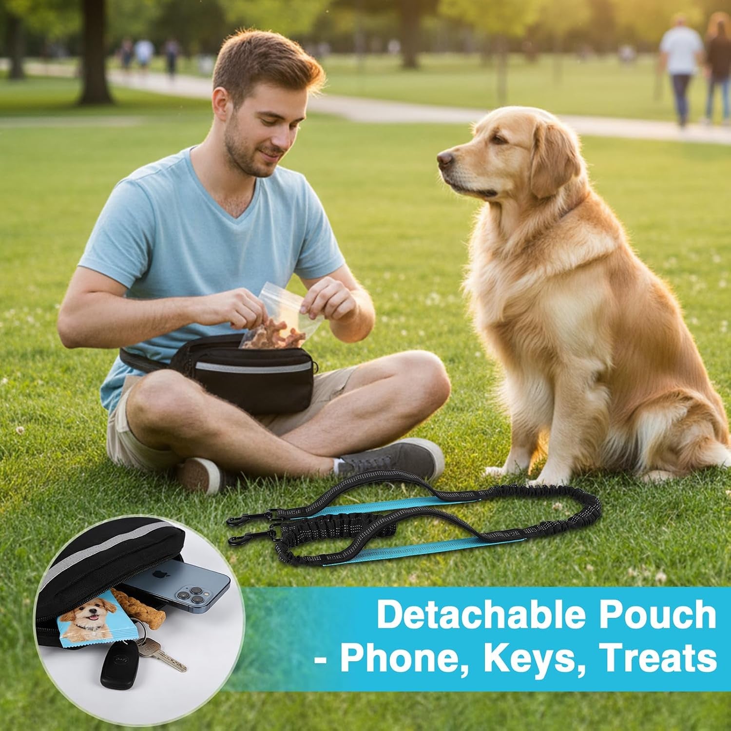 Hands-Free Dog Leash, Large (25-120 Lbs), Black | Zippered Storage Pouch, Double Padded Handles, Heavy-Duty Bungee Cord, Ideal for Walking, Jogging & Running