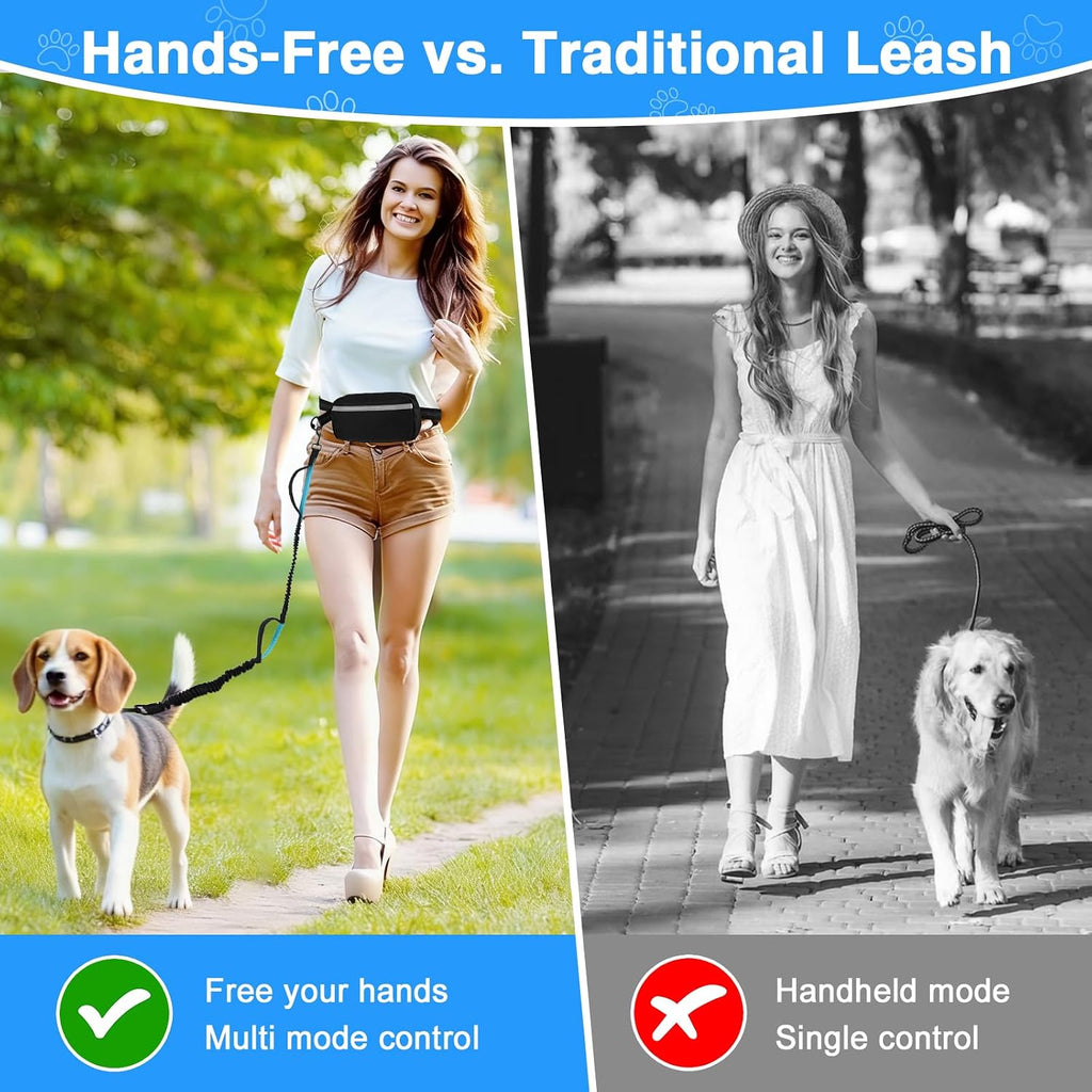 Hands-Free Dog Leash, Large (25-120 Lbs), Black | Zippered Storage Pouch, Double Padded Handles, Heavy-Duty Bungee Cord, Ideal for Walking, Jogging & Running